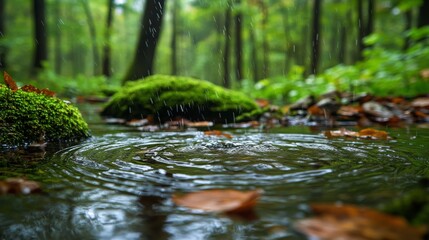 Naklejka premium Raindrops Creating Ripples in a Forest Stream