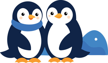 Fototapeta premium Two penguins are hugging each other. One of them is wearing a blue scarf. The scene is cheerful and cute