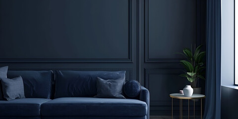 Stylish Dark Living Room with Plants and Blue Sofa