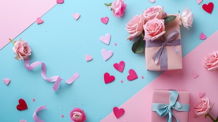 Pink roses with hearts and gift box on pink and blue background