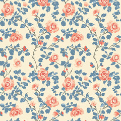  Vintage rose pattern, in shades of blue and coral pink on a cream background, seamless pattern.
