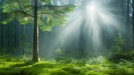 Fototapeta premium A Serene forest with Sunlight Filtering Through