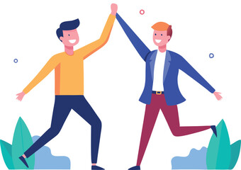 Two men are high fiving each other in a park. Scene is positive and celebratory