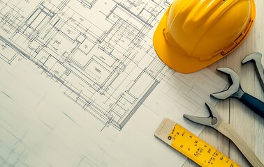 Blueprints lying on a construction site while remodeling a house - home improvement concepts.
