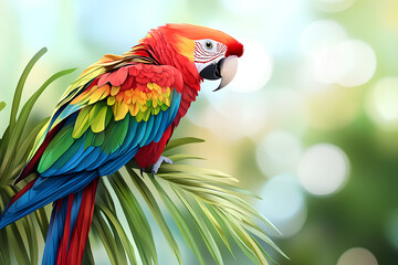 Obraz premium A vibrant parrot perched on a leafy branch amidst a soft, blurred background.