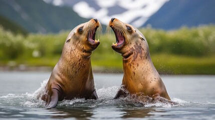 Fototapeta premium Two Sea Lions Roaring in the Water