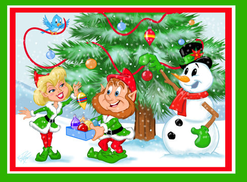 Santa's elves and snowman decorating a Christmas tree
