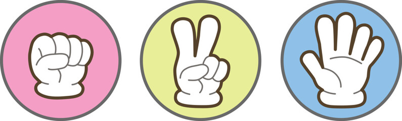 Rock, scissors, paper hand gesture icon set. pink, yellow, blue icon set. Vector illustration