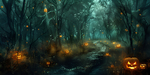 Fototapeta premium Spooky Forest with Glowing Pumpkins for Halloween