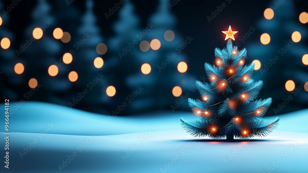 Canvas Prints A Christmas tree with a star on top is lit up in the snow