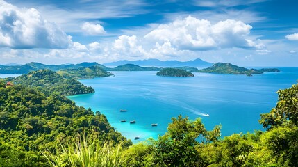 Obraz premium A panoramic view of a tropical bay with lush green islands, clear turquoise water, and a white sandy beach. The sky is a beautiful blue with white clouds.