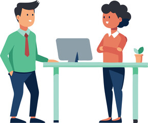 Obraz premium Two people are sitting at a desk, one of them is smiling. The man is wearing a green shirt and tie, while the woman is wearing a red shirt. They are both looking at a computer screen