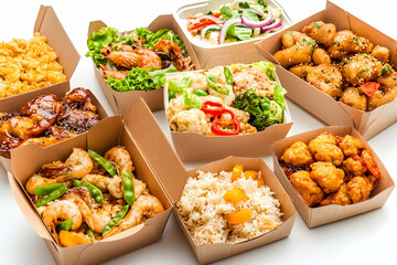Set of take away food boxes at white background   