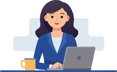 A woman is sitting at a desk with a laptop and a cup of coffee. She is smiling and she is working