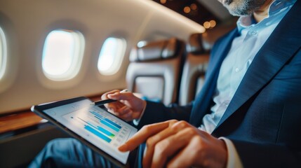 A businessman using a tablet to analyze financial data on a plane.