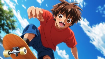 Naklejka premium A boy is skateboarding in the air with his arms outstretched