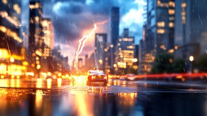 Fototapeta premium A car is driving down a wet city street with a lightning bolt in the sky