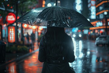 Obraz premium A lone woman walks through a rainy city street at night, holding an umbrella above her head. The city lights reflect in the wet pavement.