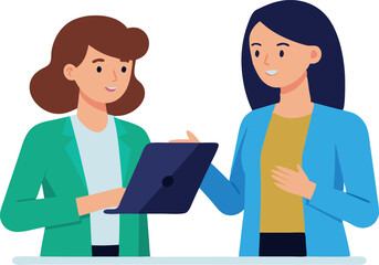 Two women are sitting at a table with a laptop in front of them. They are discussing something on the laptop