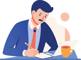 A man is sitting at a desk with a pen and a cup of coffee. He is writing something on a piece of paper