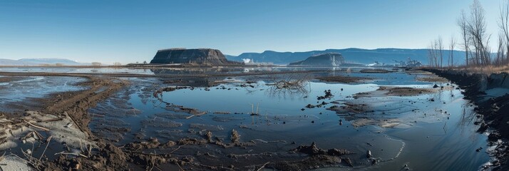 The edge of the tailings dump is gently touched by tranquil treated water featuring dark, toxic foam.