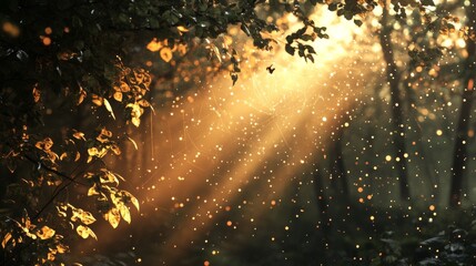 Naklejka premium Sunbeams Through Forest Leaves with a Spiderweb and Bokeh