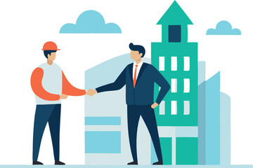 Obraz premium Two men shaking hands in front of a building. The man on the left is wearing a hard hat