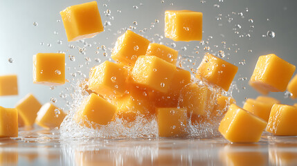 A pile of yellow cubes, possibly cheese, that are falling into a pool of water