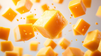 A close up of yellow cubes of cheese with a few pieces missing