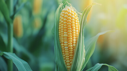A single corn stalk with a yellow ear of corn