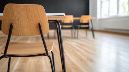 A wooden chair is sitting in front of a wooden table