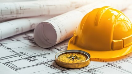 Construction Site Blueprint with Safety Helmet and Compass