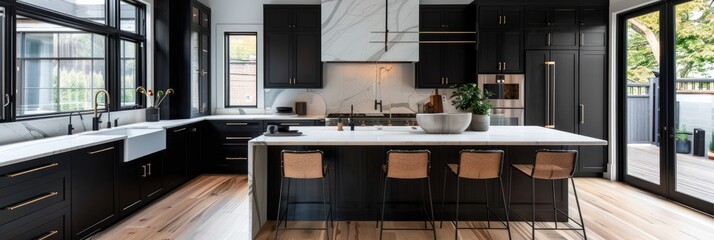 Modern kitchen showcasing black cabinets and white marble island countertops paired with wooden floor planks.