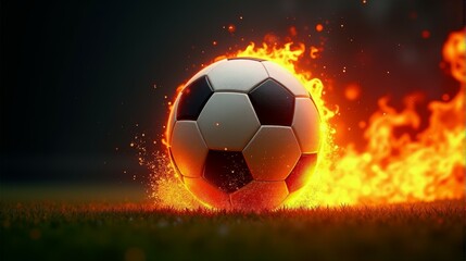 Fototapeta premium A soccer ball is on fire and surrounded by flames