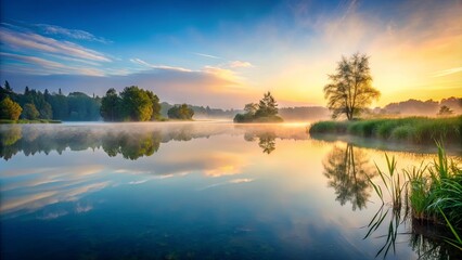 Fototapeta premium Tranquil lake at dawn with mist rising, perfect for meditation and relaxation