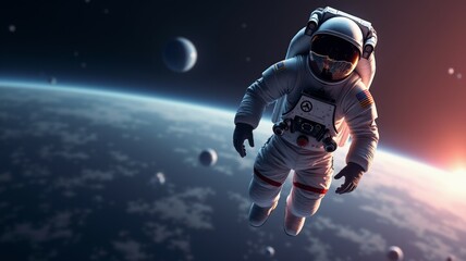 A man in a spacesuit is floating in space