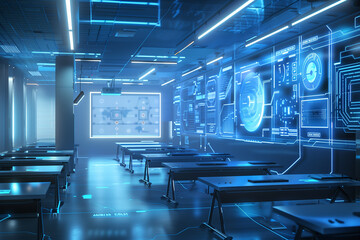 Futuristic empty classroom with holographic blackboards and virtual reality learning experience and efficiency with the education system..	

