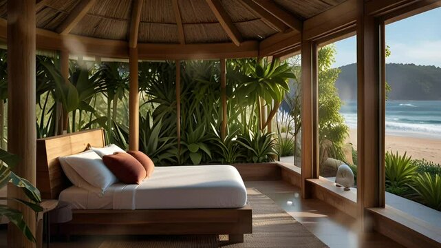 A relaxed and laid-back atmosphere in a simple wooden cottage with a view of the white sand beach in the morning. Seamless 4K looping timelapse video animation background