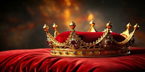 Luxurious golden crown placed on a plush red pillow adorned with sparkling jewels