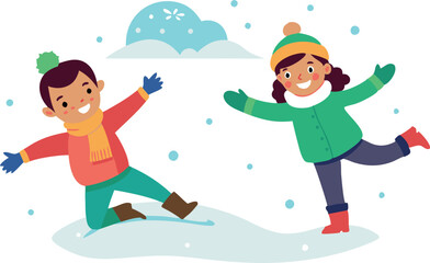 Naklejka premium Two children are playing in the snow, one wearing a red scarf and the other wearing a green jacket