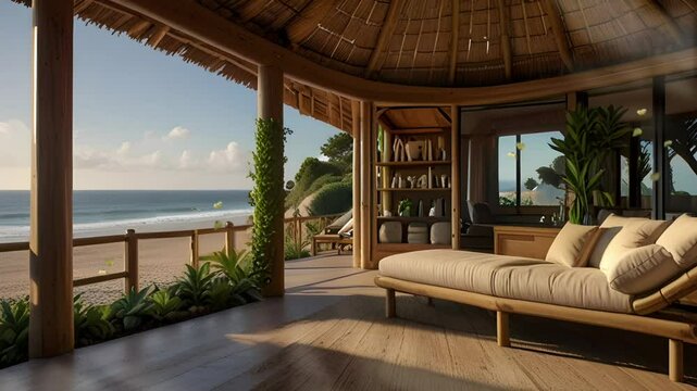 A relaxed and laid-back atmosphere in a simple wooden cottage with a view of the white sand beach in the morning. Seamless 4K looping timelapse video animation background