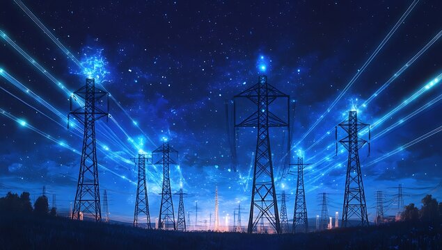 Power Transmission Lines with 3D Digital Visualization of Electricity. Fantastic Visuals of Night Sky Full of Bright Stars. Concept of Renewable Green Energy Powering Human Progress, 3D render.