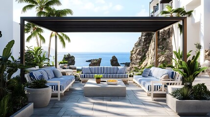 Fototapeta premium Modern Luxurious Villa with interior exterior balcony and garden. Architecture concept for Real estate. Ocean view.