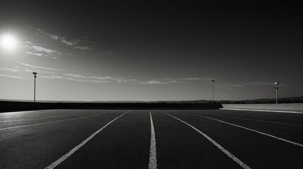 Generative AI, Dark Empty Parking Lot with Dramatic Sun Rays Breaking Through Clouds in Monochrome