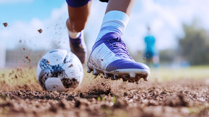 Football player in purple soccer boot shoes, kicking ball on dusty field