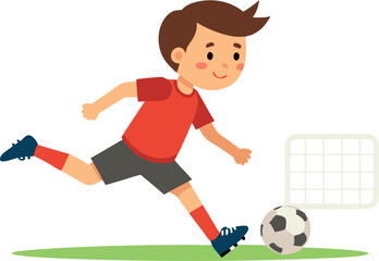 Obraz premium A boy in a red shirt kicks a soccer ball. The boy is smiling and he is enjoying himself