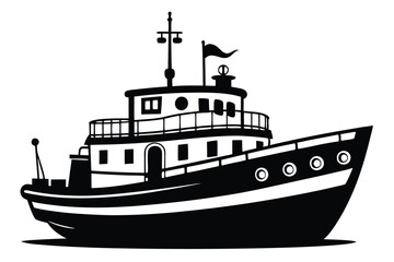 Tugboat silhouette illustration on black and white