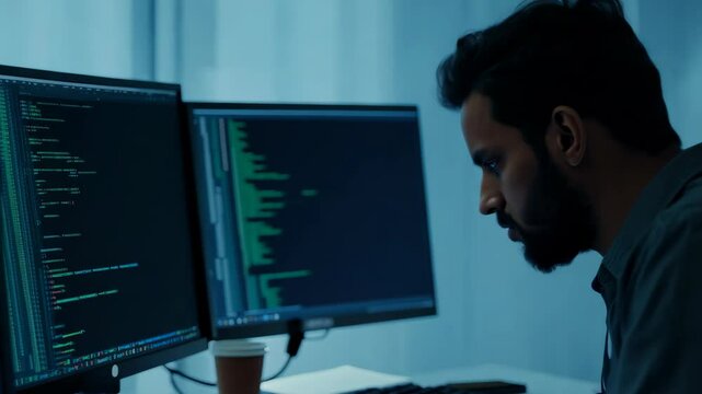 Software developer coding at night in a dimly lit office.