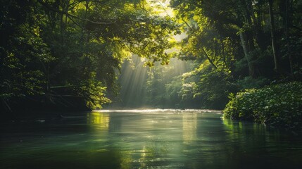 Obraz premium A calm river flowing through a dense forest, with sunlight filtering through the leaves and creating dappled light on the water
