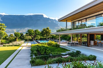 Fototapeta premium Front yard and garden of an elegant modern house at St. Monitor Mountain, Cape Town